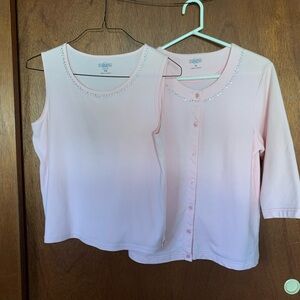 Haggar Light Pink Tank and Button-Front Cardigan Set with Rhinestone Trim